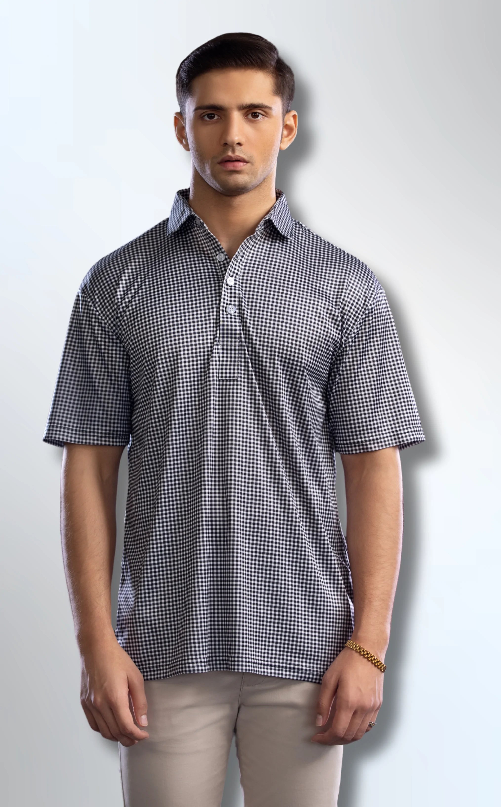 Dressy Polo Semi-Spread Collar Black Gingham