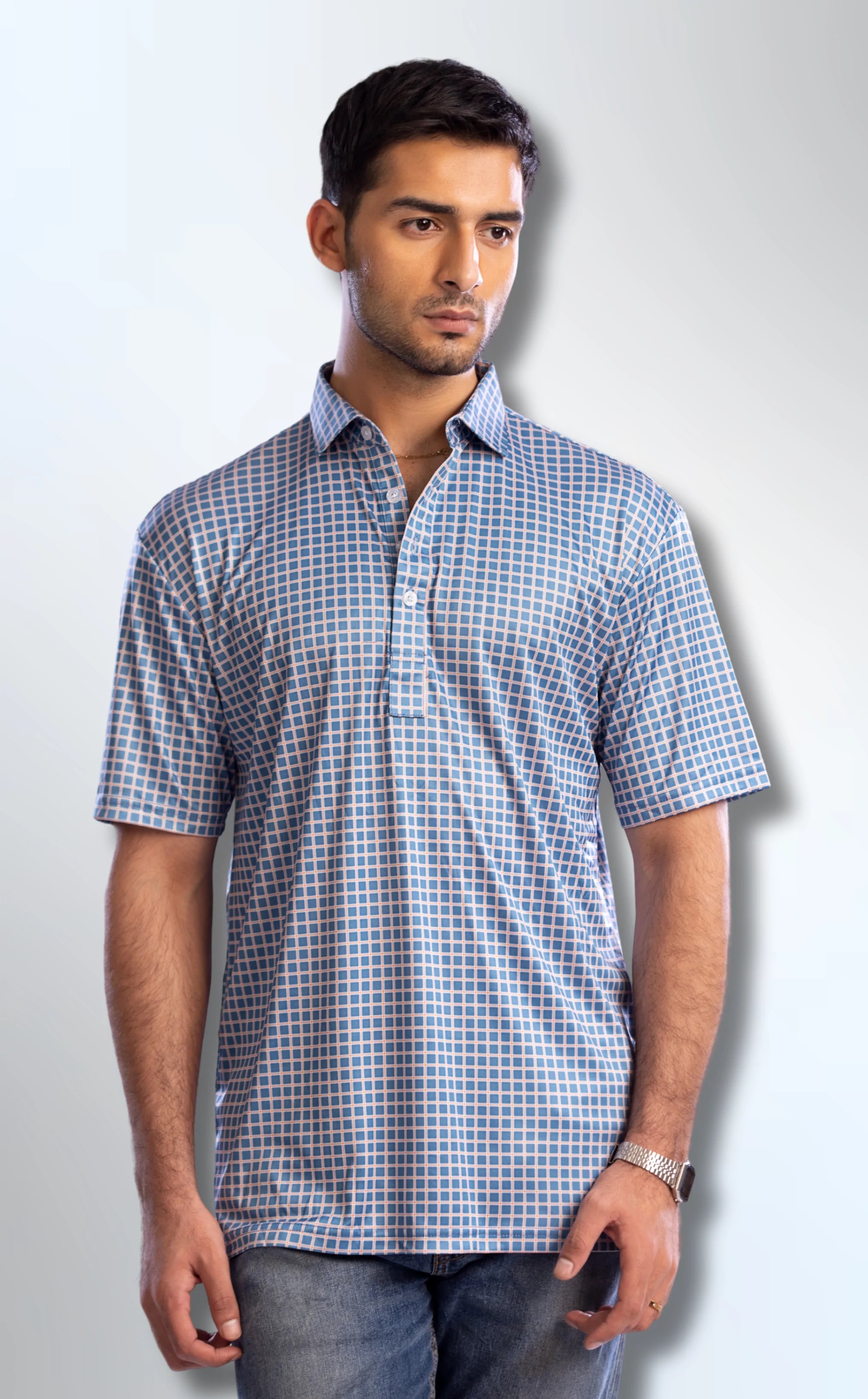 Semi-Spread Collar Blue with White Grid Check