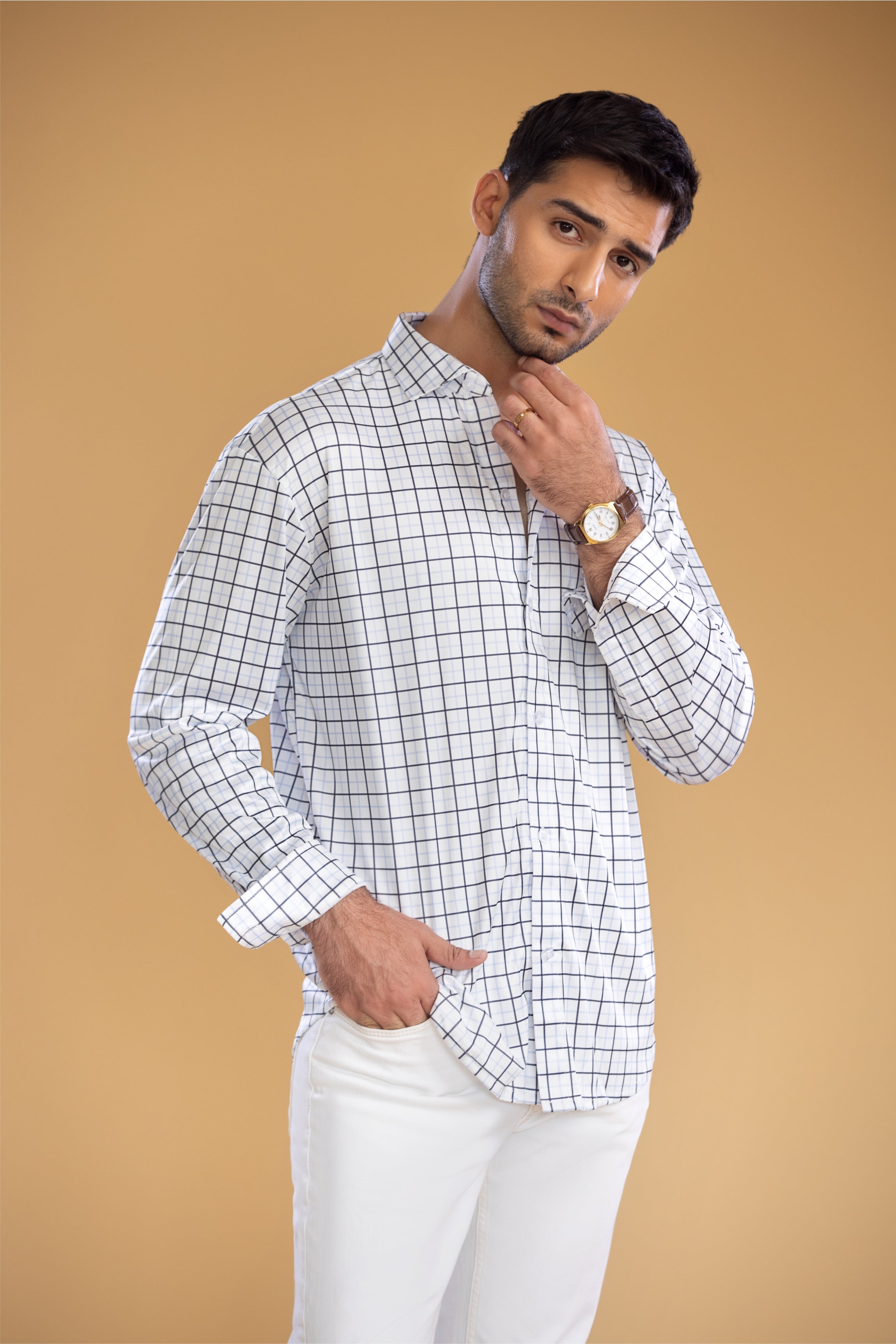 Semi-Spread Collar White with Black and Blue Grid