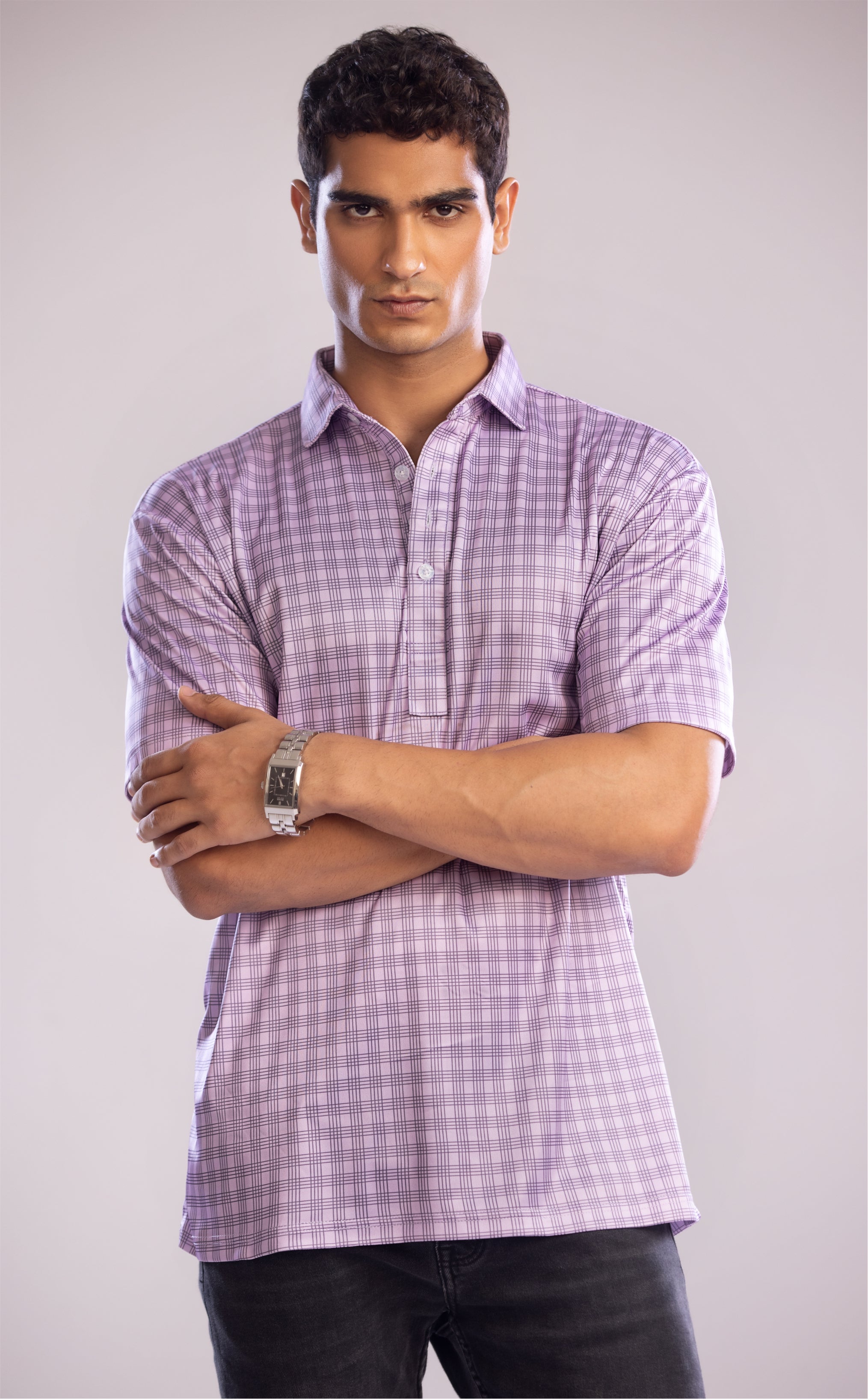 Dressy Polo Lavender and Blue Three Stripe Grid