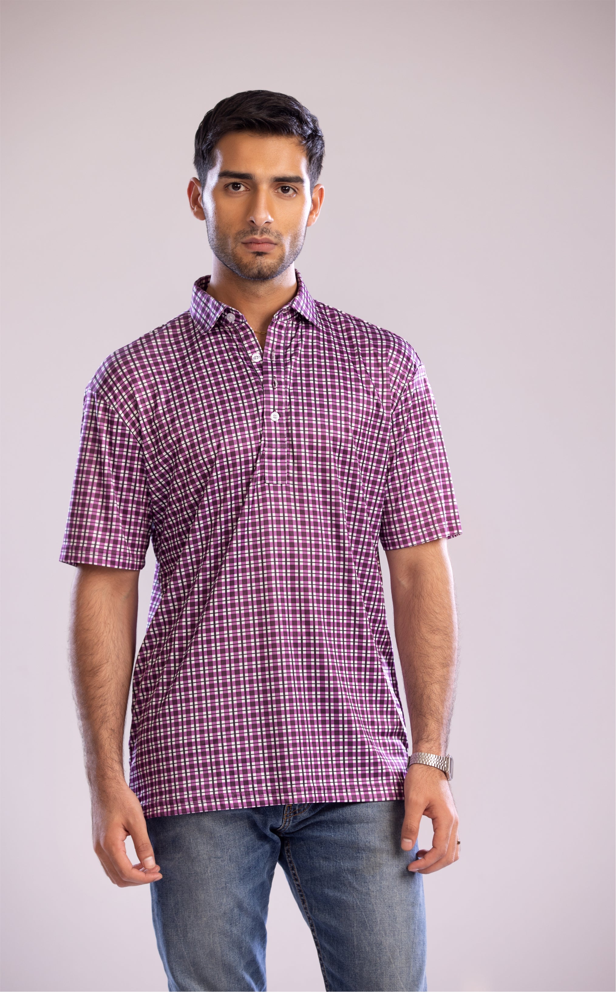 Dressy Polo Semi-Spread Collar Shaded Purple Tattersall