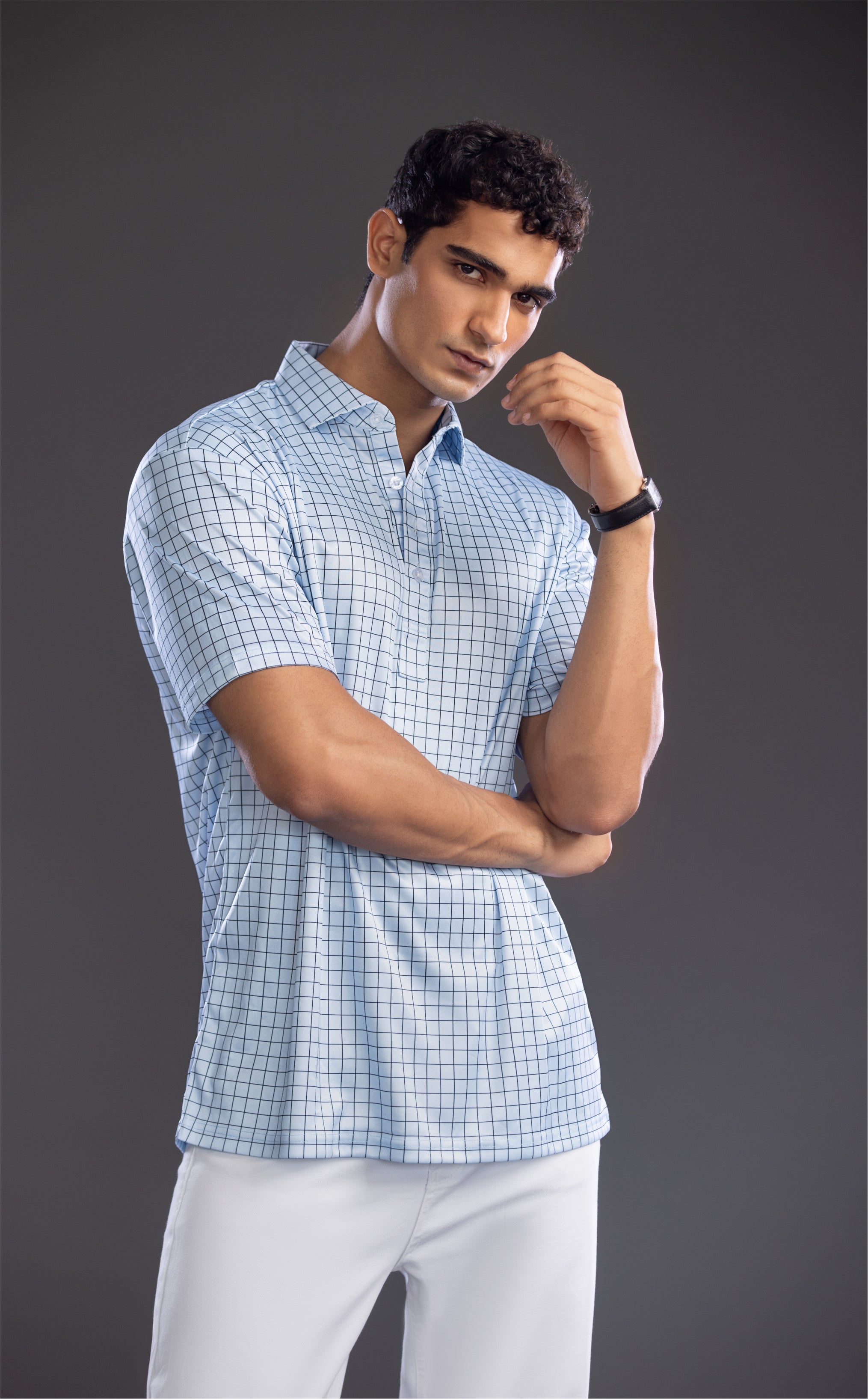 Dressy Polo Semi-Spread Collar Village Blue Check