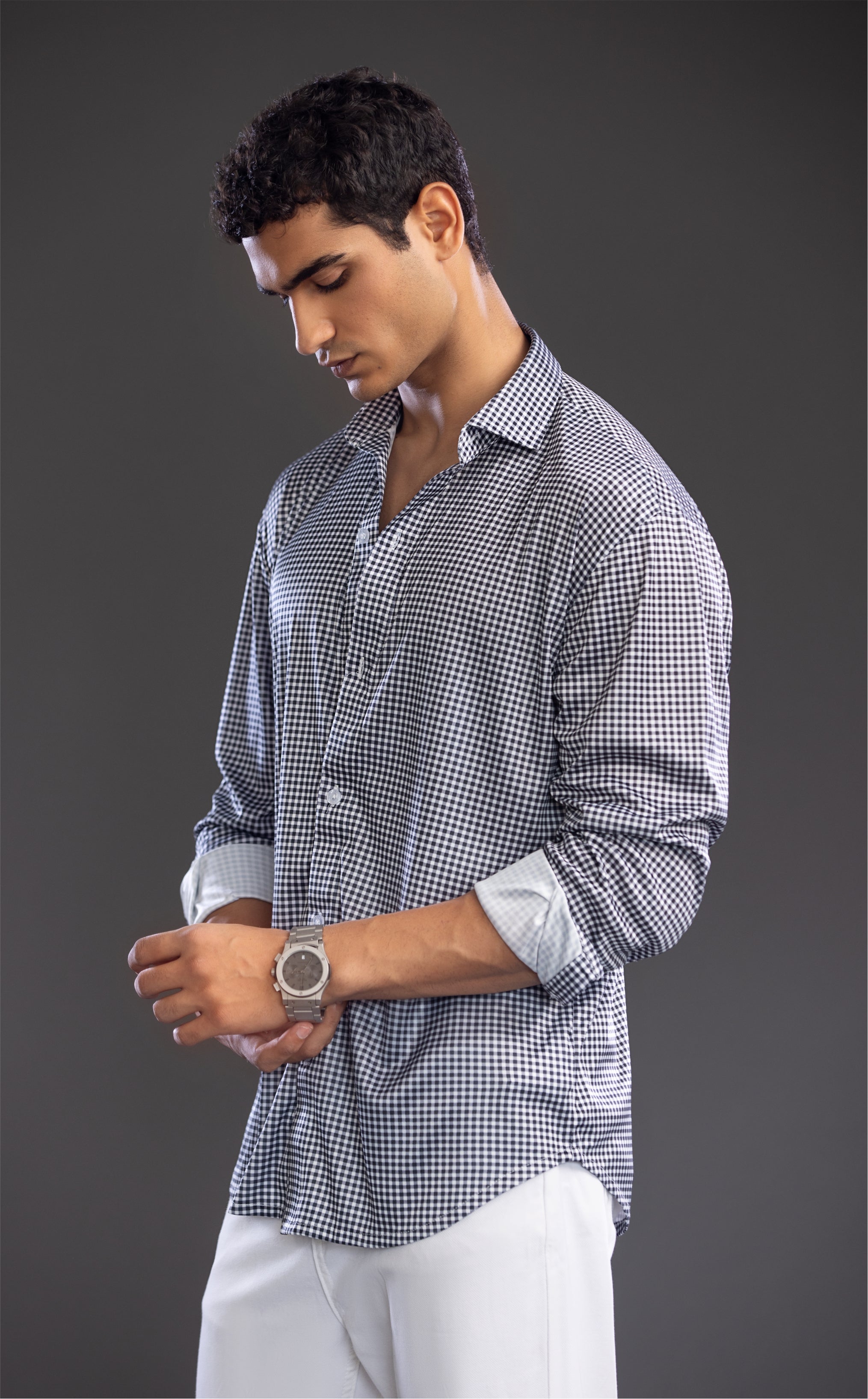 Dressy Shirt Semi-Spread Collar Black Gingham