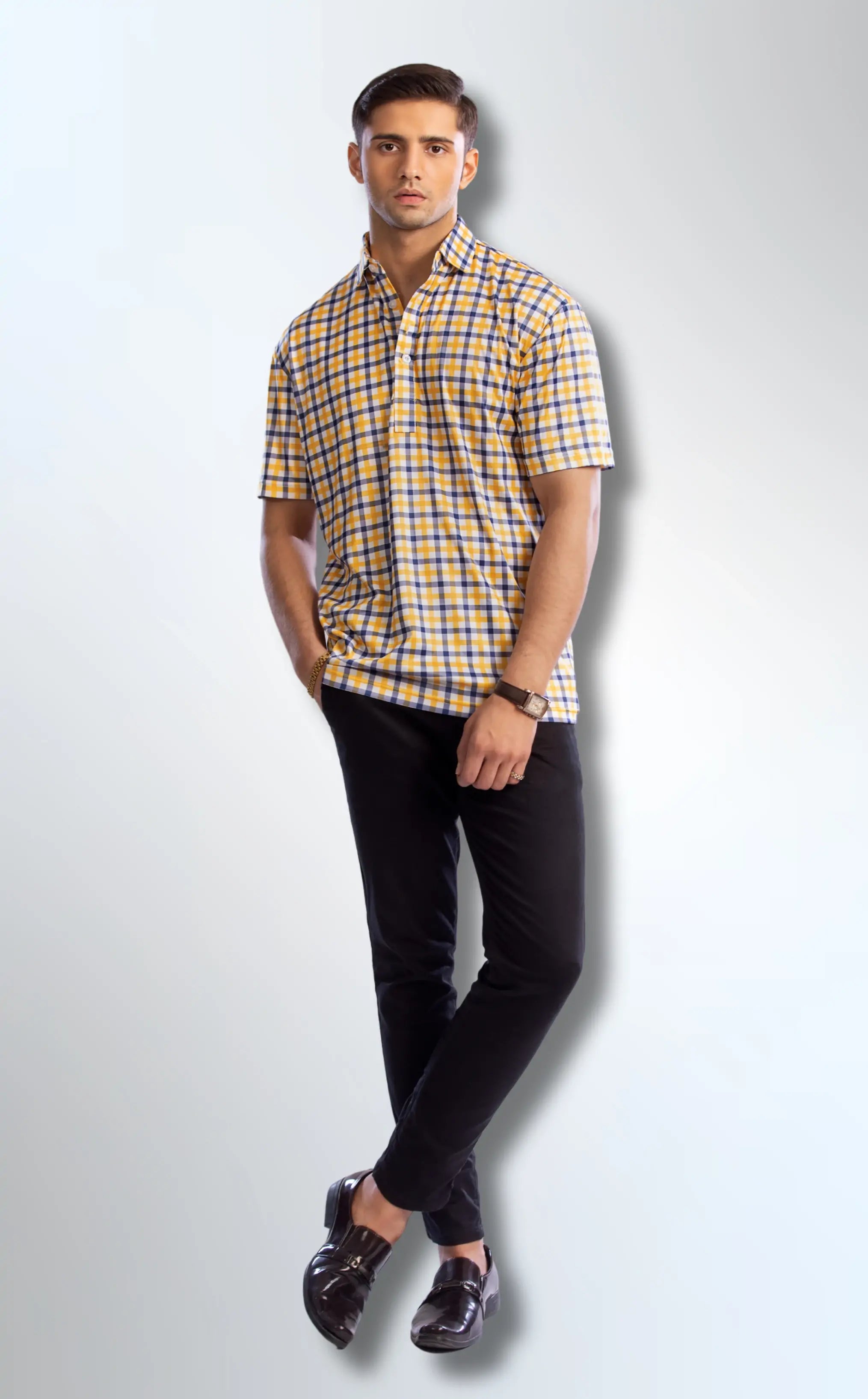 Semi-Spread Collar Yellow with Blue Grid Check