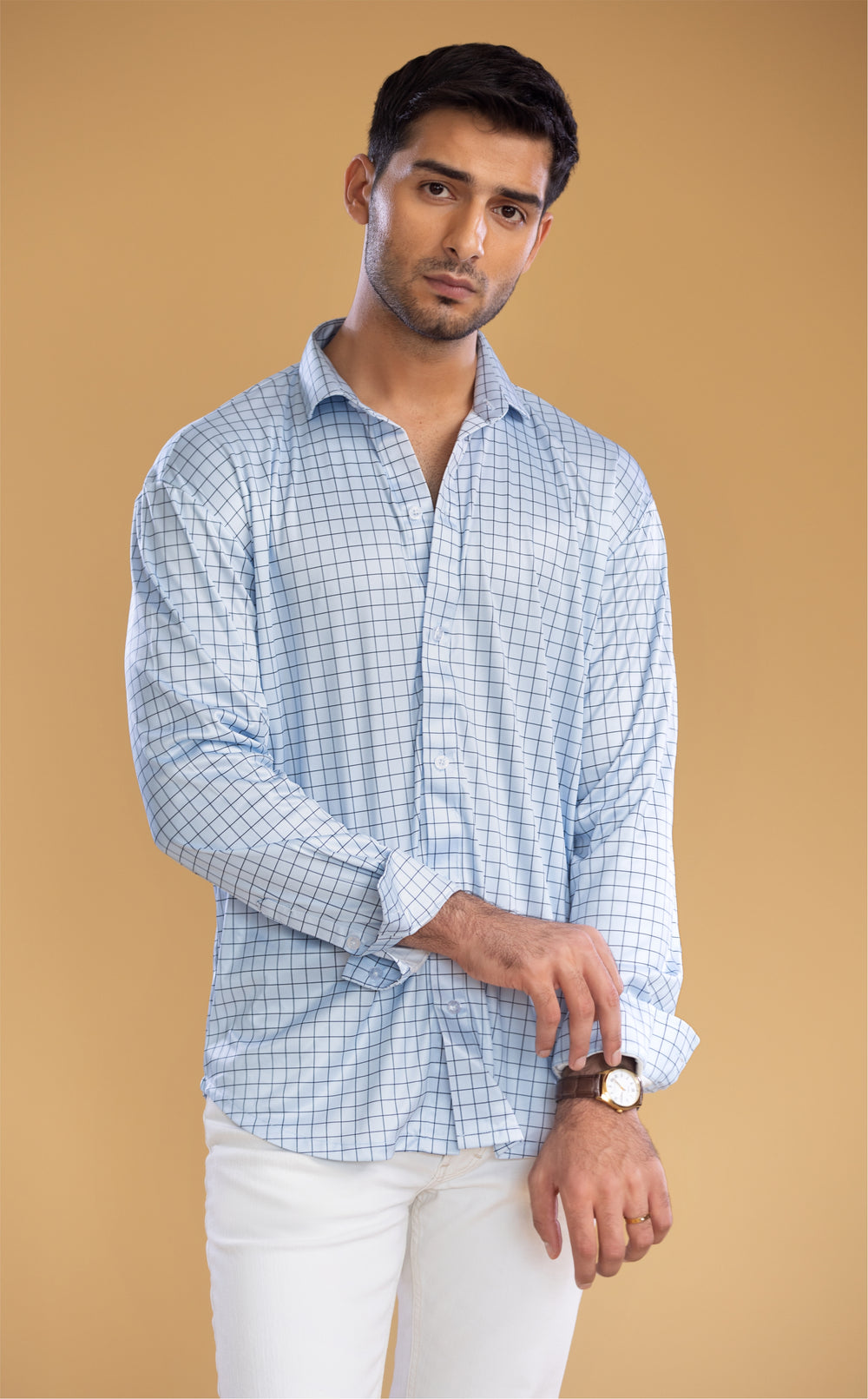 Smart and Stylish: Semi-Spread Collar Village Blue Check Shirt for Men