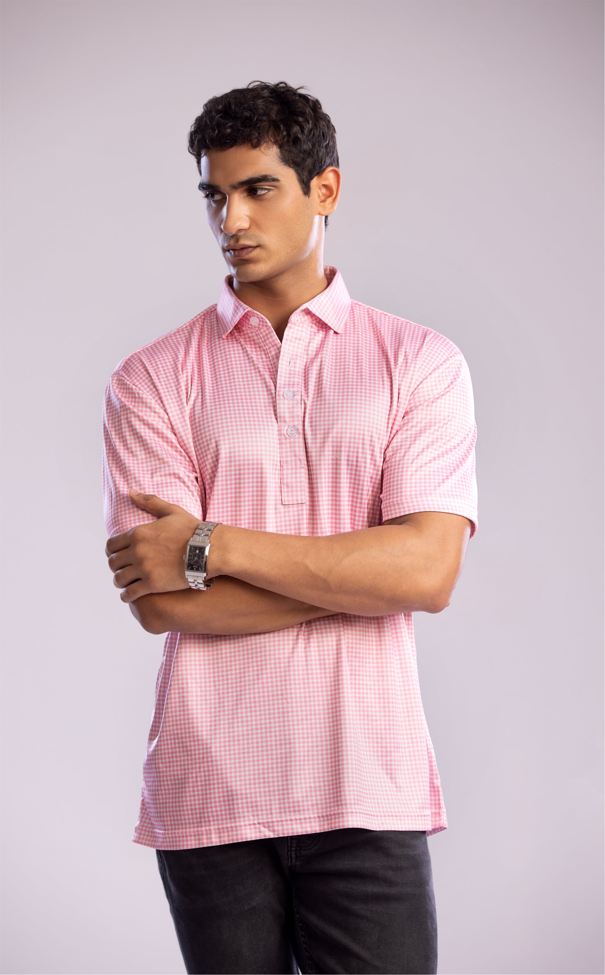 Dressy Polo Semi-Spread Collar Pink Gingham