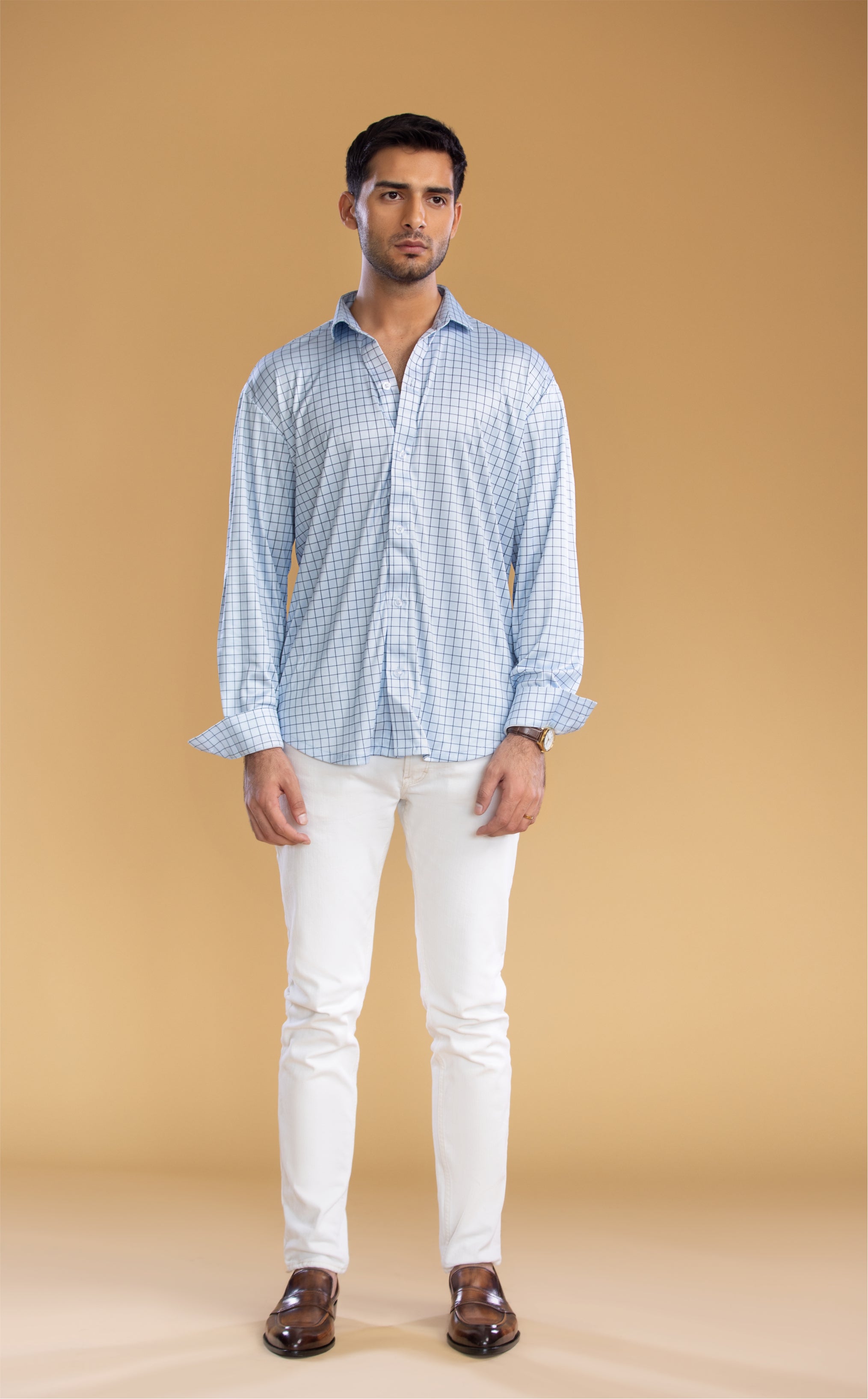 Dressy Shirt Semi-Spread Collar Village Blue Check