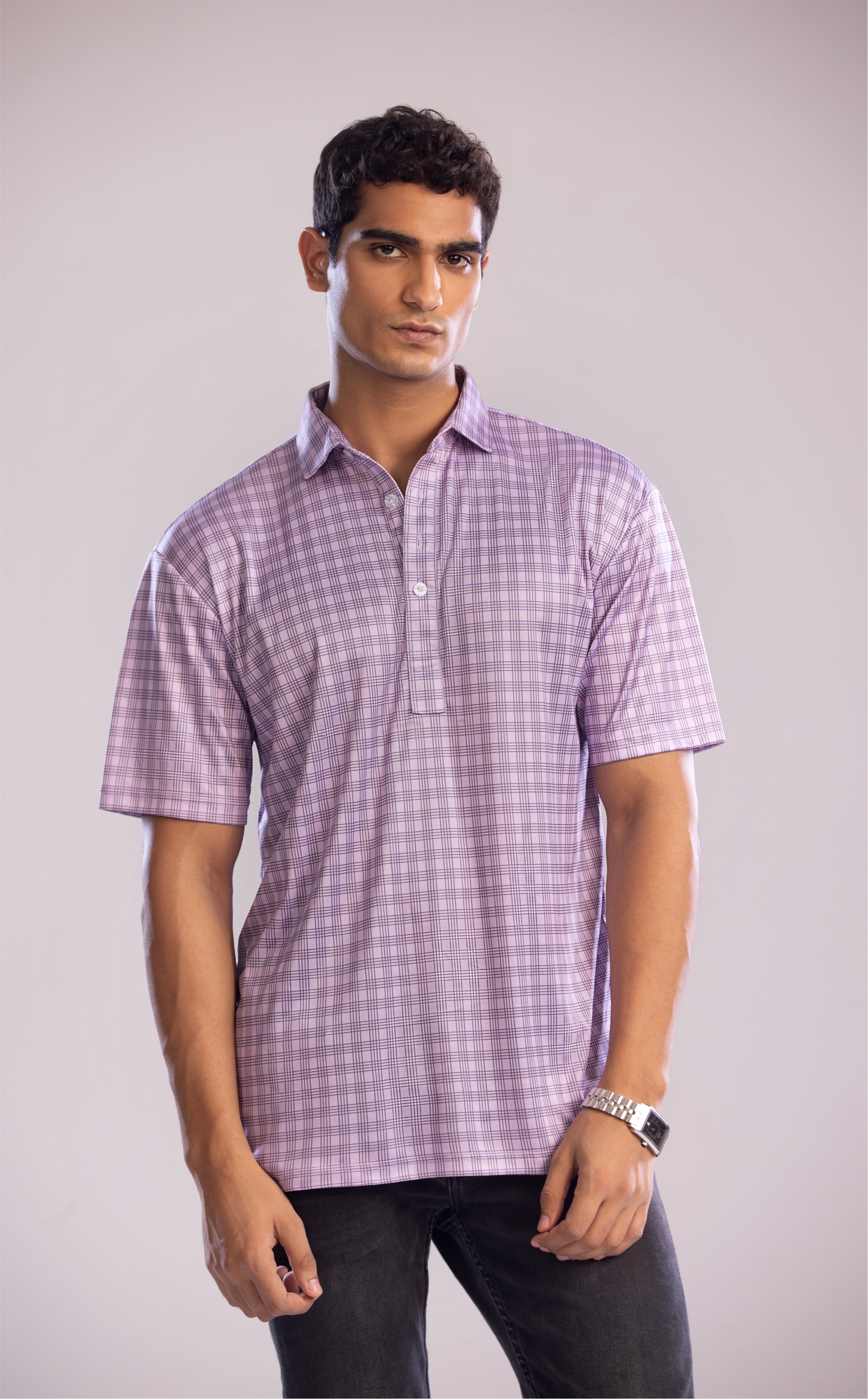 Dressy Polo Lavender and Blue Three Stripe Grid