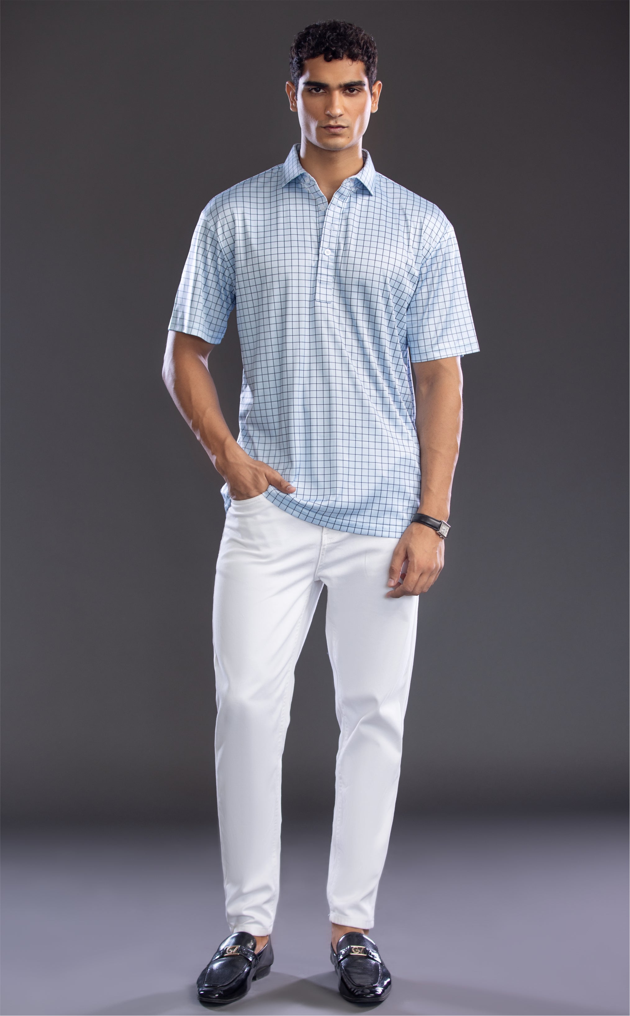 Dressy Polo Semi-Spread Collar Village Blue Check