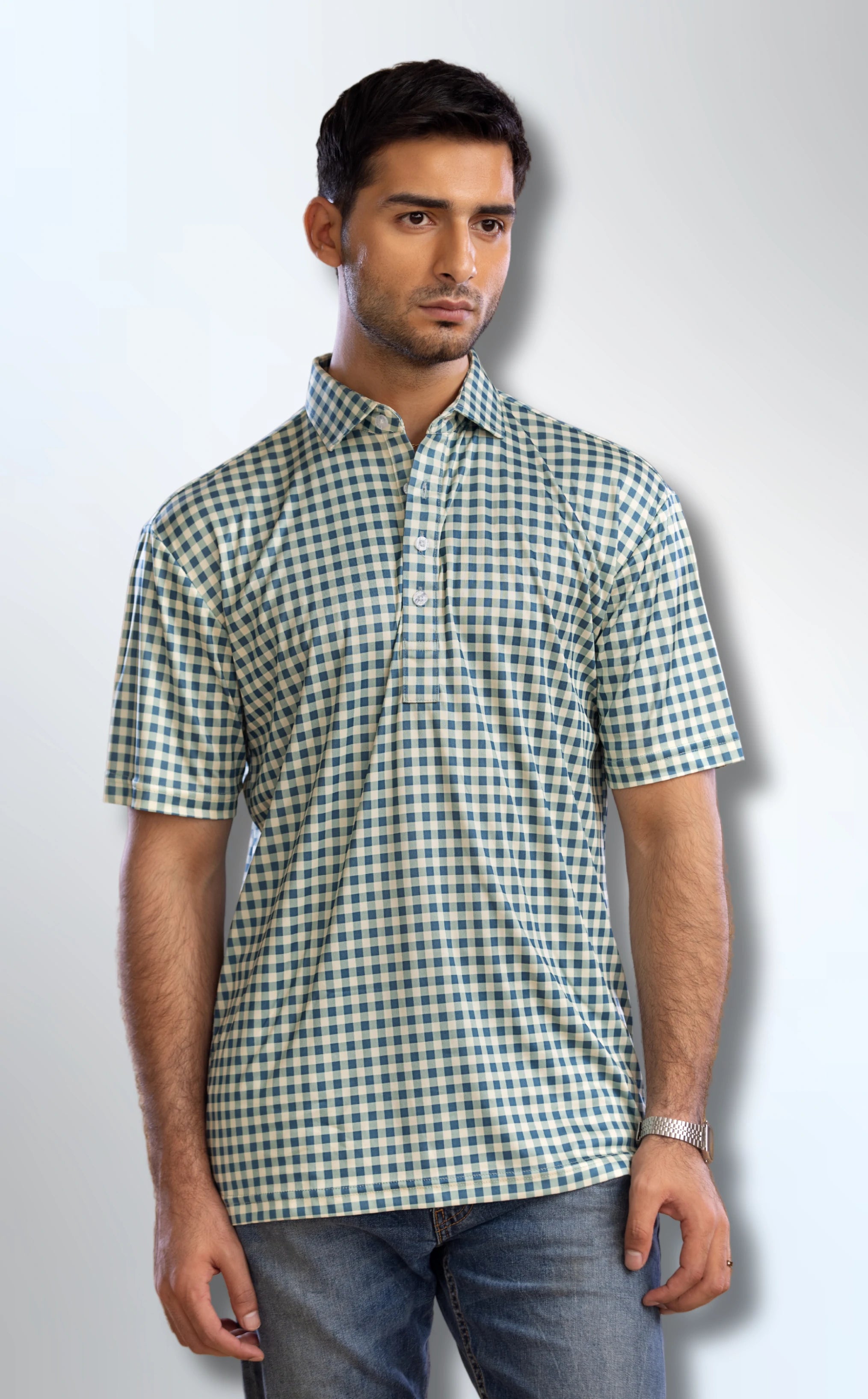 Dressy Polo: Semi-Spread Collar Green and Brown Gingham