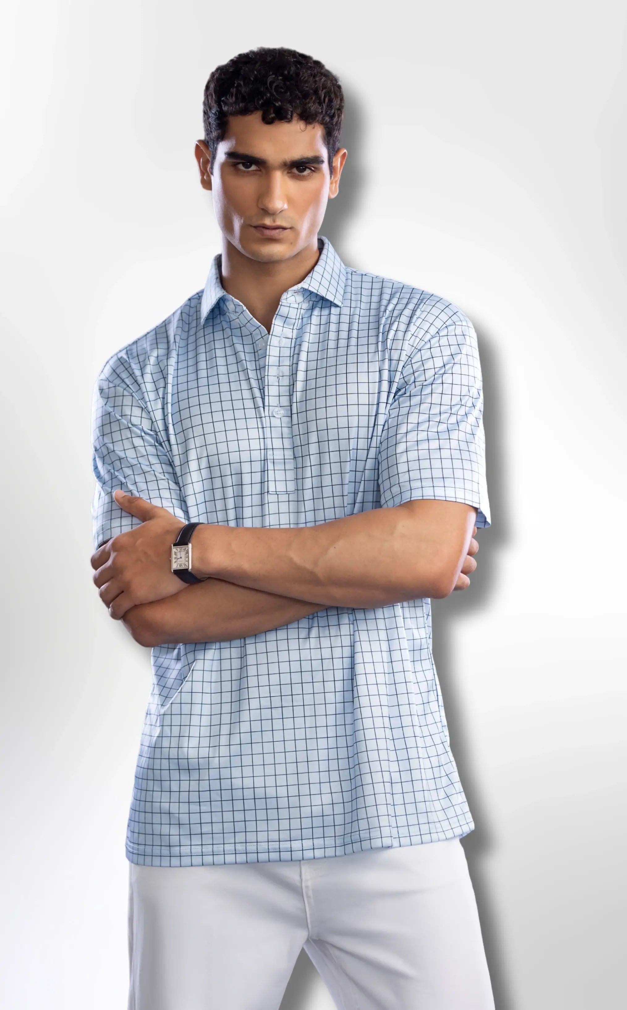 Dressy Polo: Semi-Spread Collar Village Blue Check