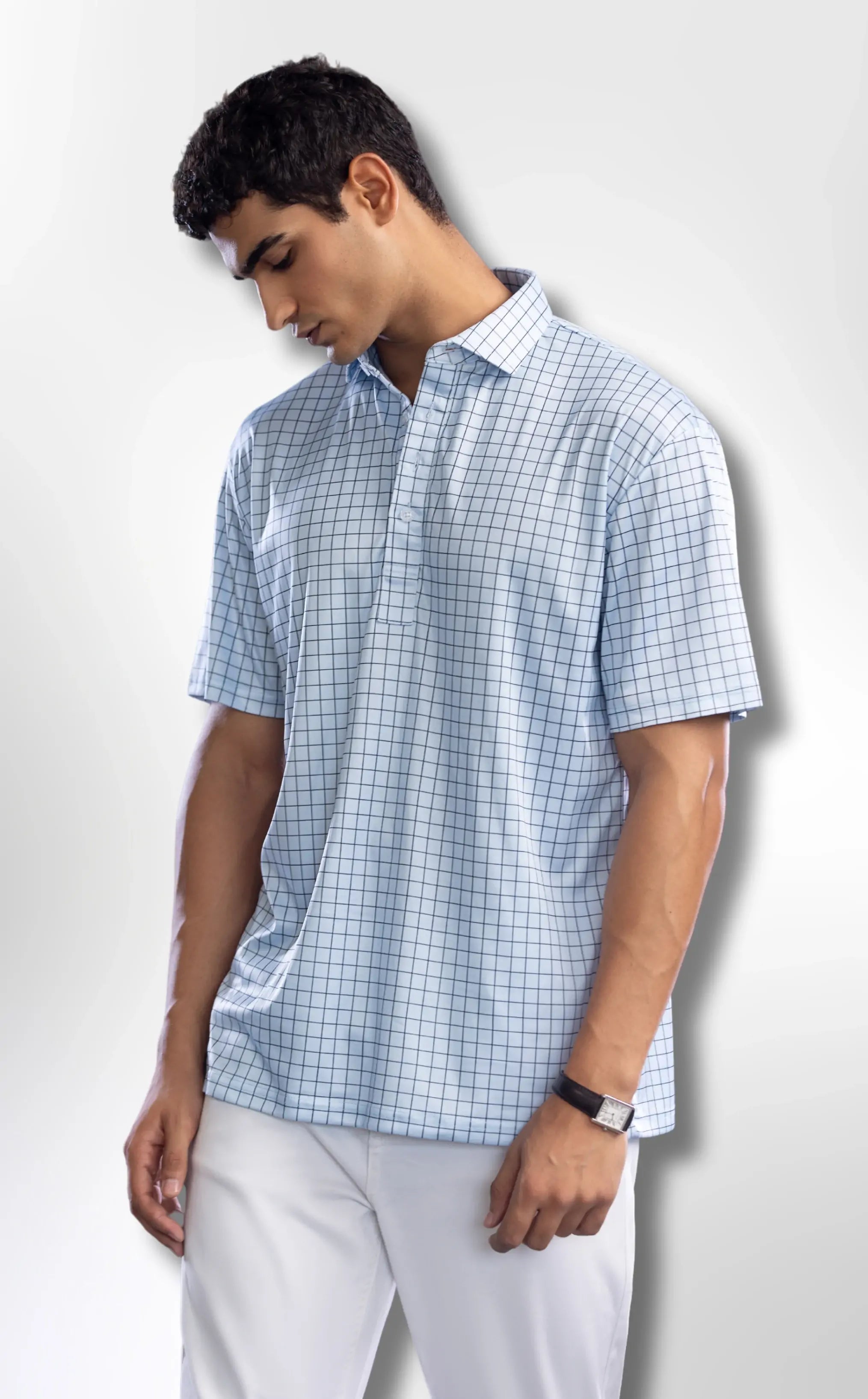 Dressy Polo: Semi-Spread Collar Village Blue Check