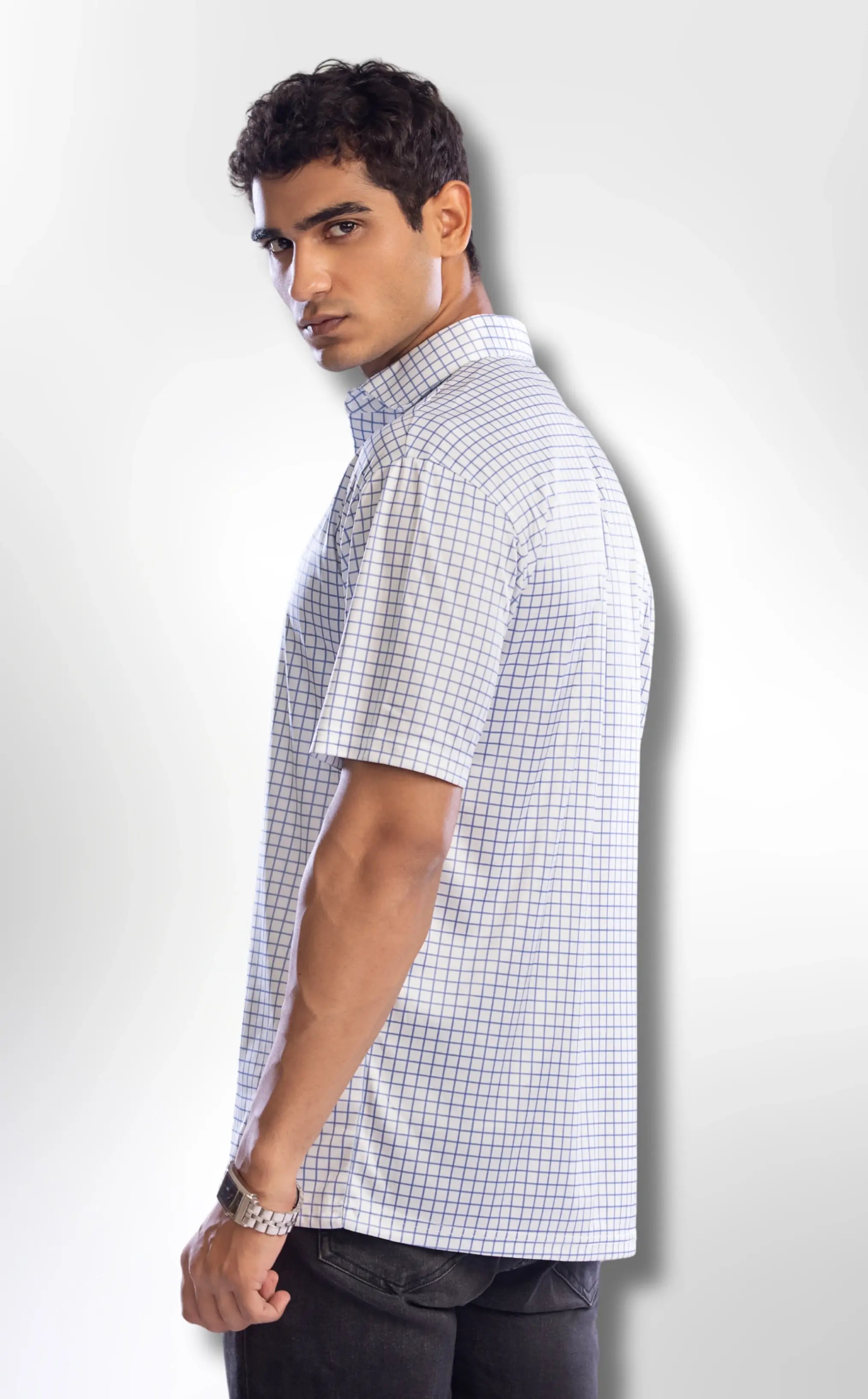 Semi-Spread Collar Thin Blue Check