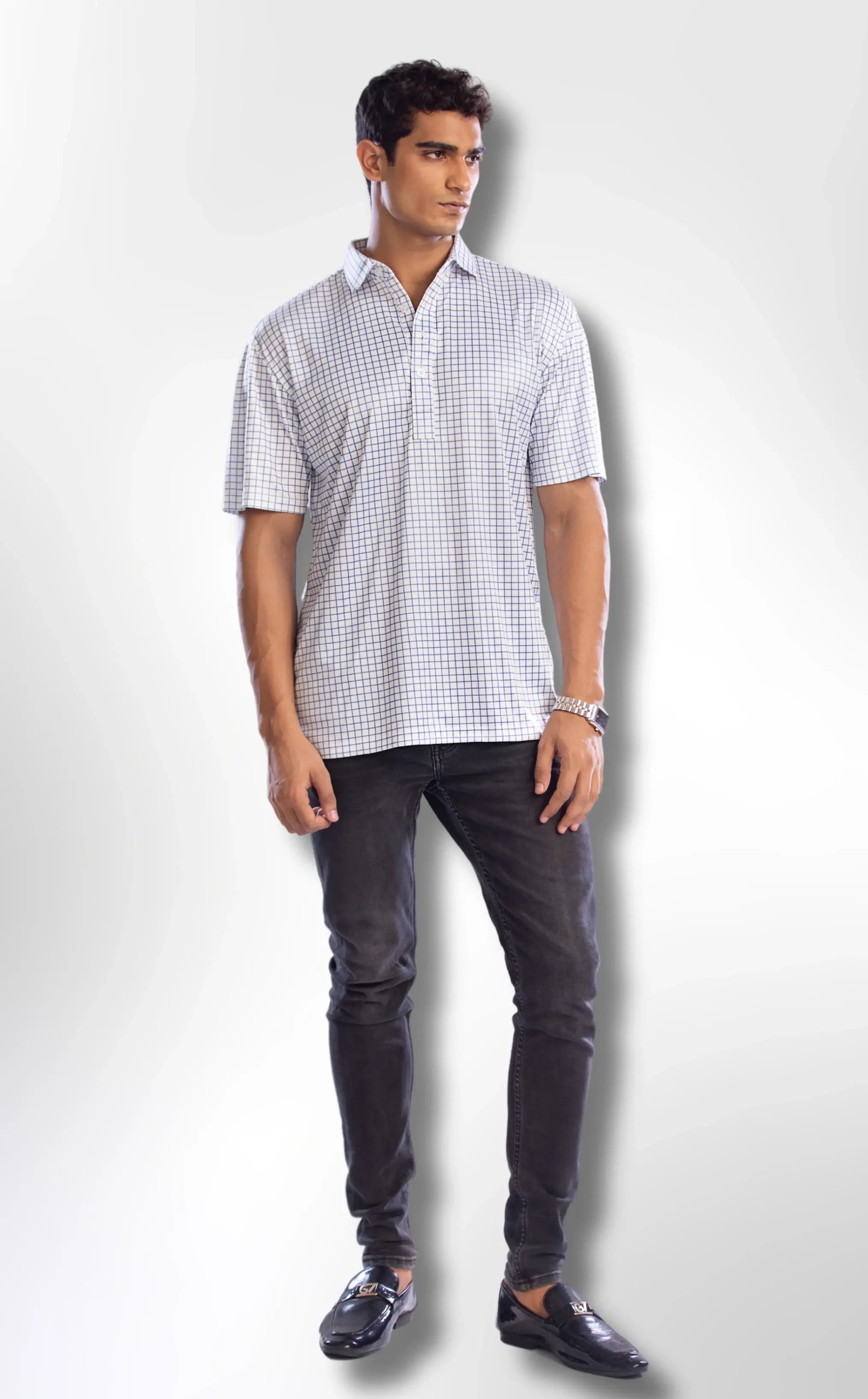 Semi-Spread Collar Thin Blue Check