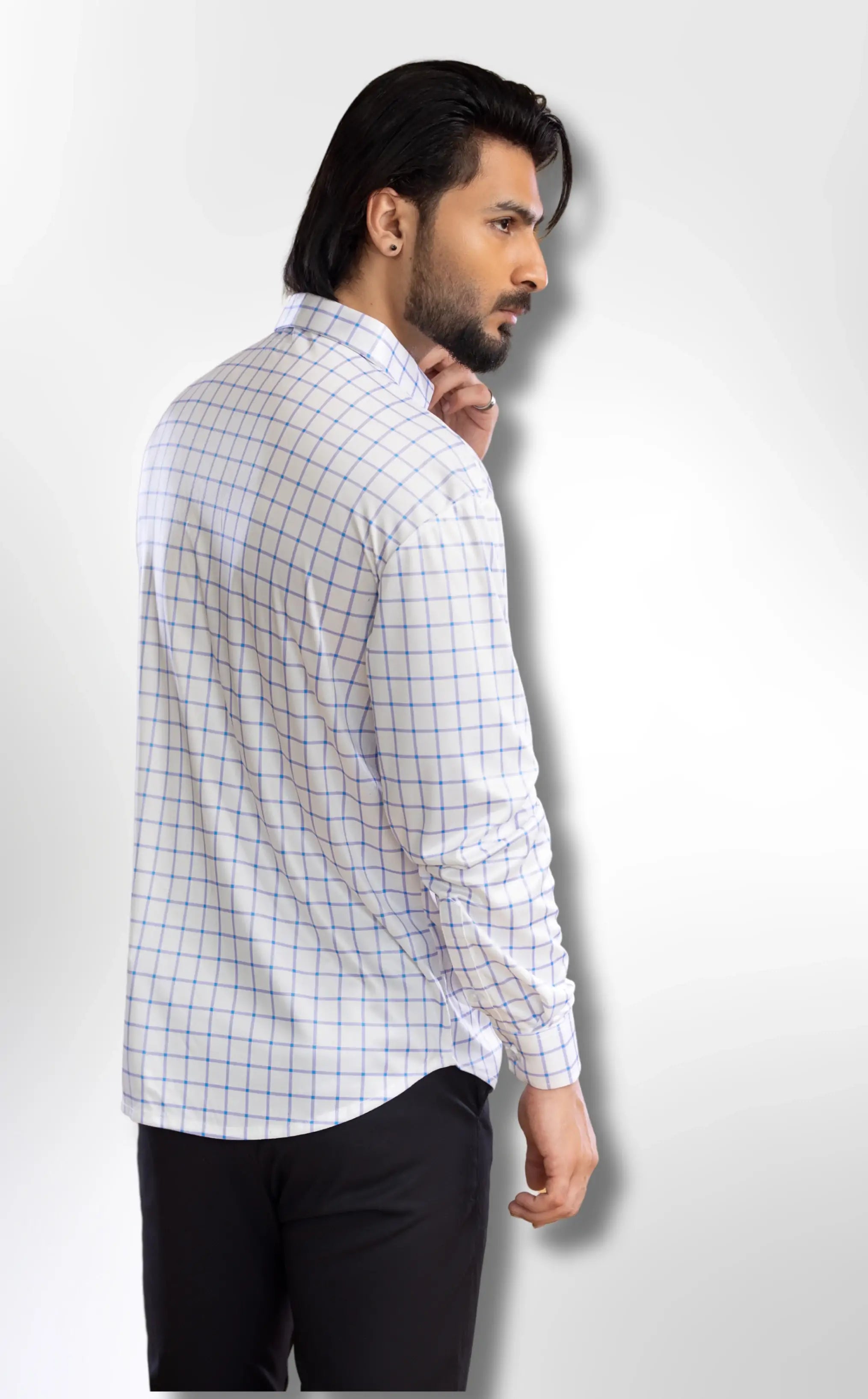 Dressy Shirt Semi-Spread Collar Bold With Blue Grid Check