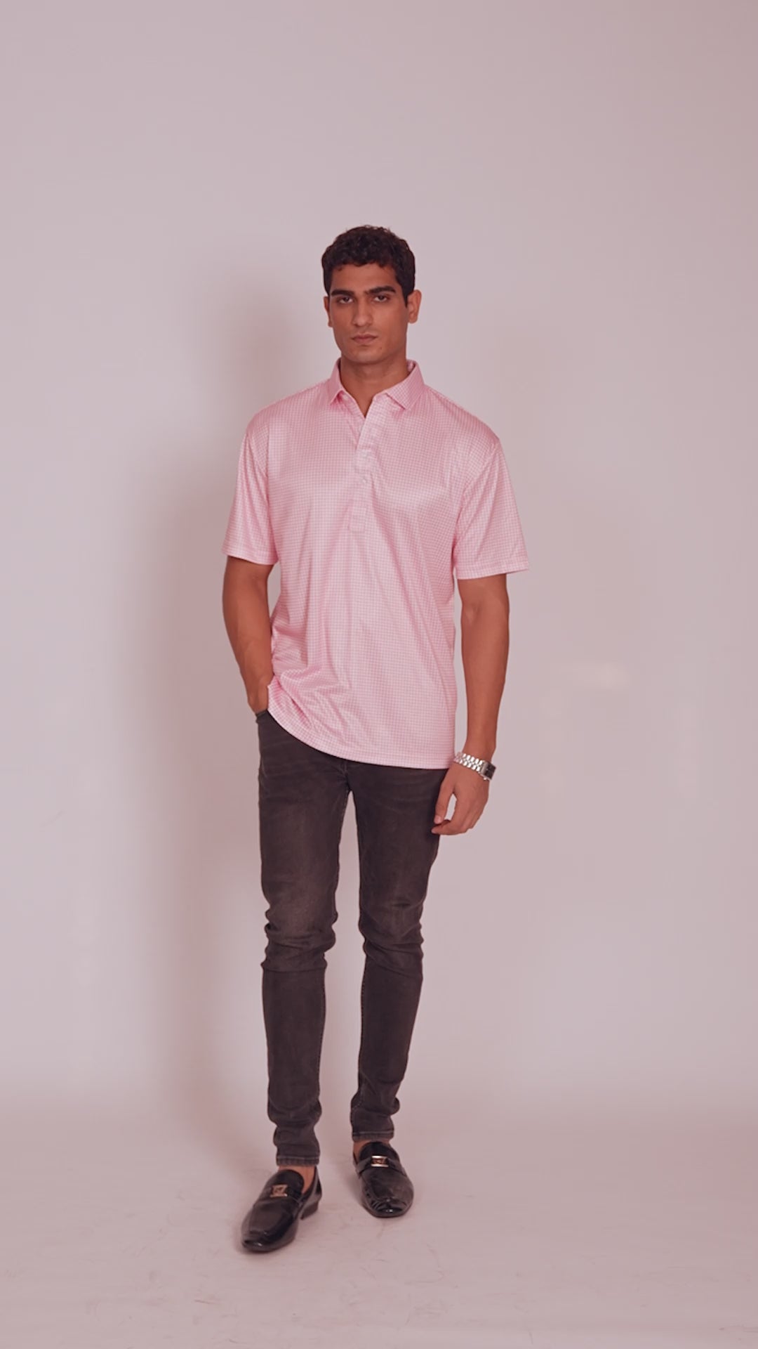 Dressy Polo Semi-Spread Collar Pink Gingham